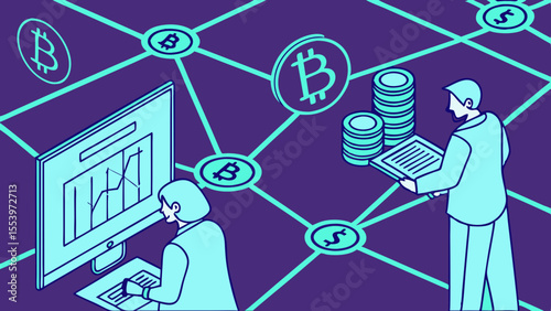 Cryptocurrency investment analysis and bitcoin blockchain technology financial market trading illustration vector