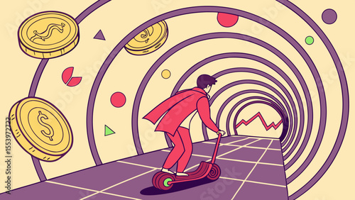 Man riding scooter through money tunnel representing financial growth and investment opportunities concept art vector