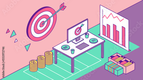 Isometric business target marketing strategy financial growth and investment success illustration art vector
