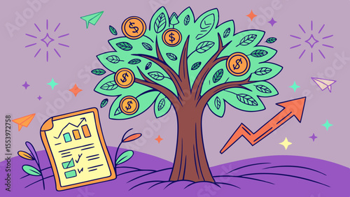 Illustrative money tree with financial growth chart and paper planes for business and investment themes vector