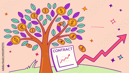 Illustrative financial growth concept with money tree contract and rising arrow for business success vector