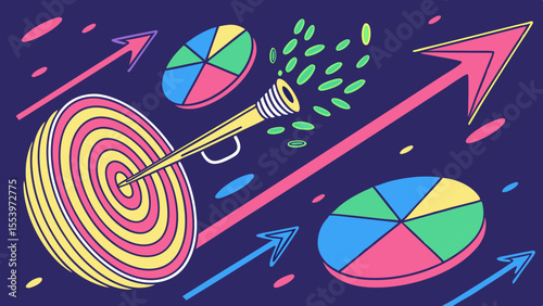 Achieve business goals with target marketing and strategy for success and growth with arrows and charts vector
