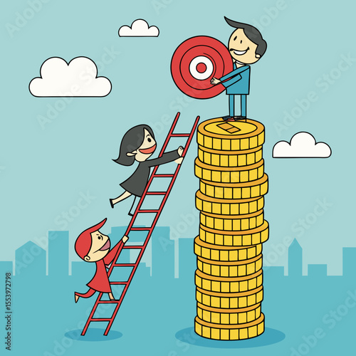 Business team climbing ladder to success reaching target on top of money stack cartoon illustration vector