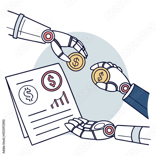 Automated investment strategy robotic hand holding coin and financial report for ai trading bot system vector