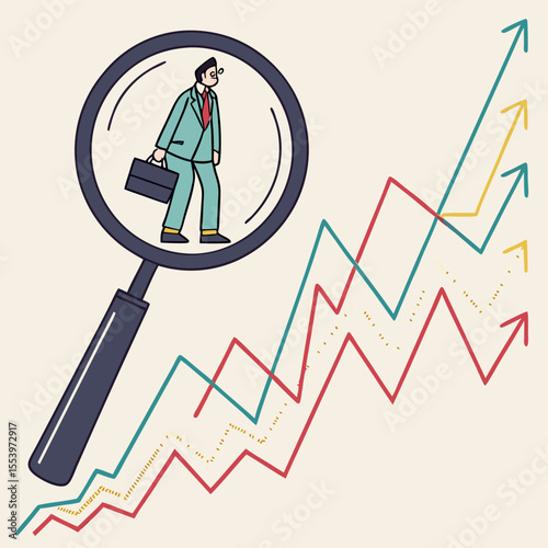 Analyzing business growth and economic trends with magnifying glass on stressed businessman and rising graphs vector