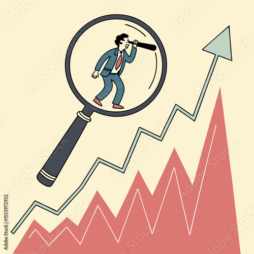 Analyzing growth opportunities business vision with magnifying glass and rising graph for success future vector