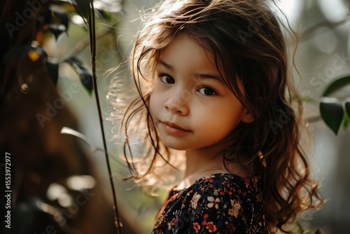 Portrait of a little girl with long hair in the garden.