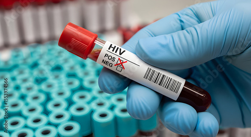 A healthcare worker displays a vial labeled 'HIV POS', highlighting medical testing and research.
