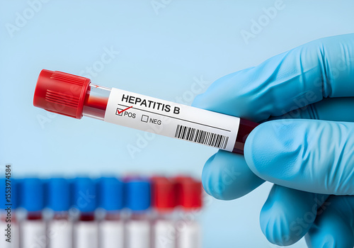 Close-up of a vial labeled Hepatitis B with a blood sample.