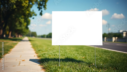 Blank yard sign on green grass sunny day White empty sign for marketing message Blank yard sign blan