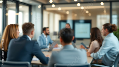 Blur office meeting blurred background with business people working group in boardroom discussion fo