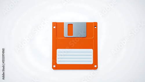 Bright orange floppy disk on white background Retro tech storage object magnetic data computer mediu