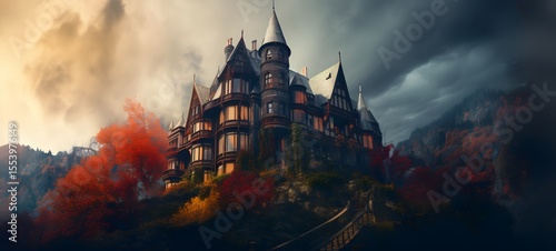 A haunted gothic mansion perched on a wind-swept hill, ai generatif
