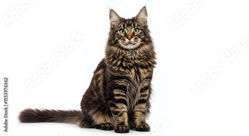 Majestic Dark Tabby Maine Coon Cat Sitting Upright on a Clean White Background in Studio Lighting Detailed Fur and Expressive Yellow Eyes