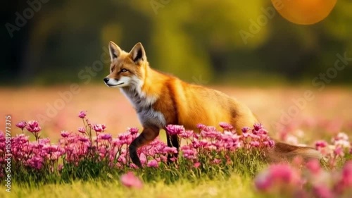 A fox sitting in a field of pink flowers looking left with a blurred background and golden sunlight video