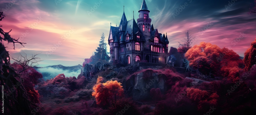 Fototapeta premium A haunted gothic mansion perched on a wind-swept hill, ai generatif