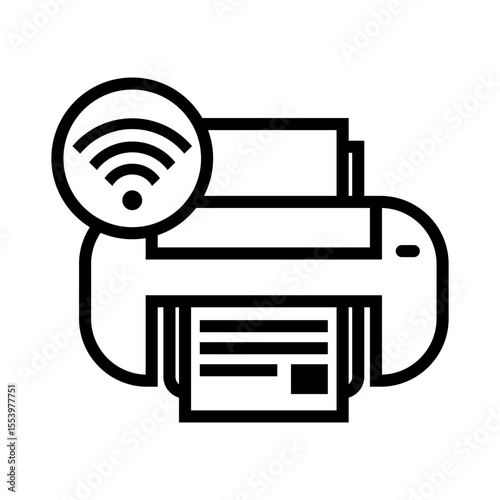 Black line icon of a wireless printer with a signal symbol, representing printing over Wi-Fi or network connectivity.