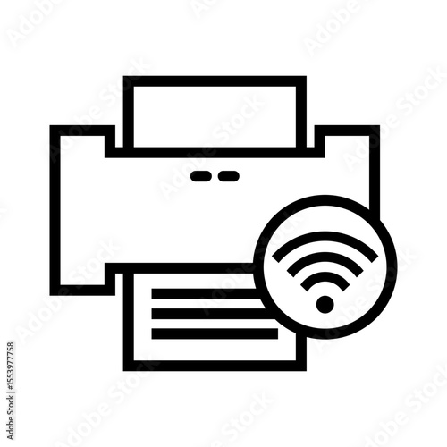 Black and white icon of a printer emitting a wireless signal, with a document showing horizontal lines, symbolizing connected printing.