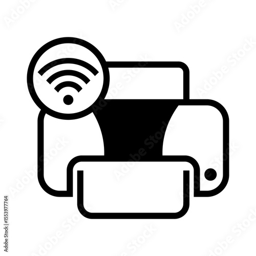 Black and white vector icon of a modern printer with a wireless signal symbol, representing network-connected printing.