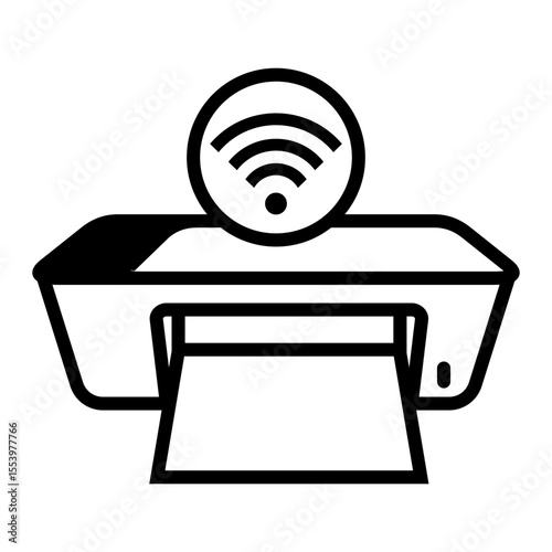 Black and white icon of a wireless printer with a Wi-Fi symbol, representing modern printing technology and network connectivity.