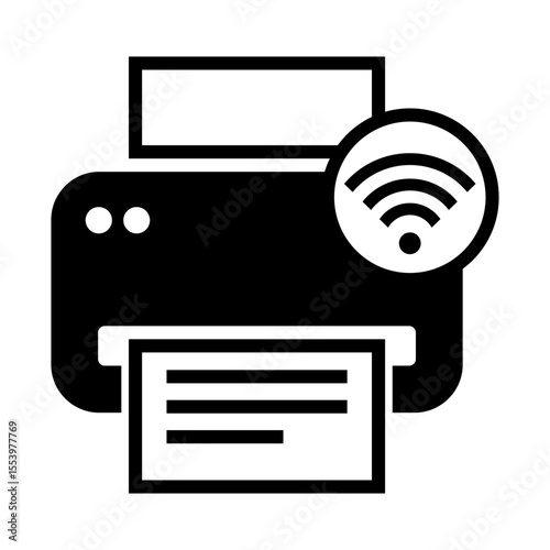 Black and white icon of a printer with a paper sheet and a wireless signal symbol, representing a Wi-Fi enabled printer.