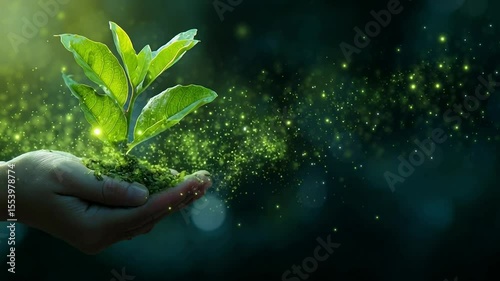 Hand holding a green plant with glowing particles and a hologram on a blurred background