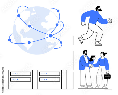 Global network connections, collaboration between professionals, active movement, and server technology. Ideal for teamwork, data management, globalization, digital transformation, innovation