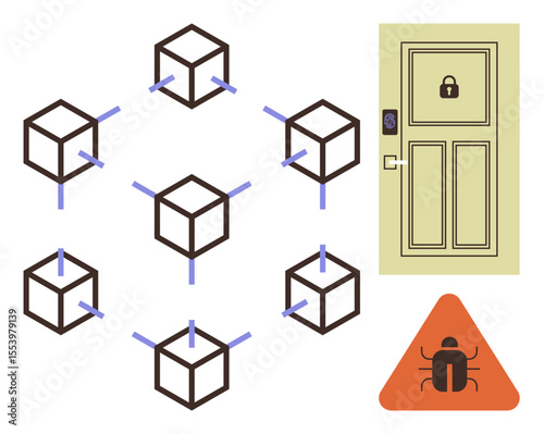 Blockchain network structure connected by links. Closed locked door as security symbol. Bug alert in a warning triangle. Ideal for cybersecurity, data encryption, blockchain technology, hacking