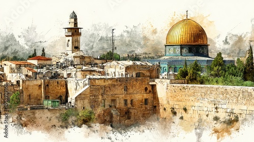 Watercolor illustration of old city buildings and religious structures.