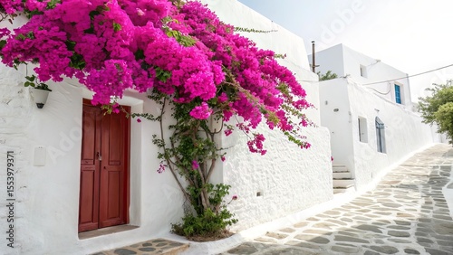 Fototapeta Naklejka Na Ścianę i Meble -  Magenta bougainvillea against white wall, bold and Mediterranean.
