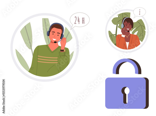 Two customer support representatives with headsets and speech bubbles beside a security padlock. Ideal for customer service, technical support, 247 assistance, security, privacy, communication