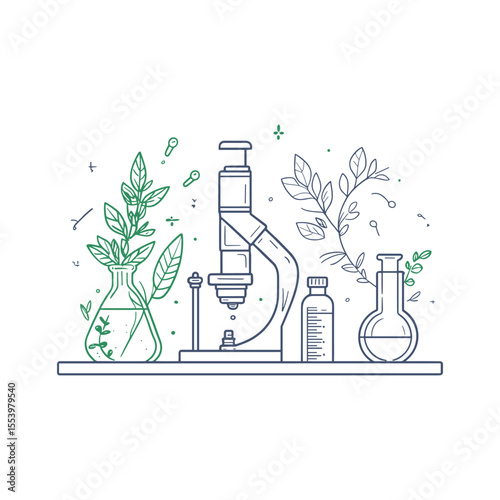 Science and nature research lab line art illustration