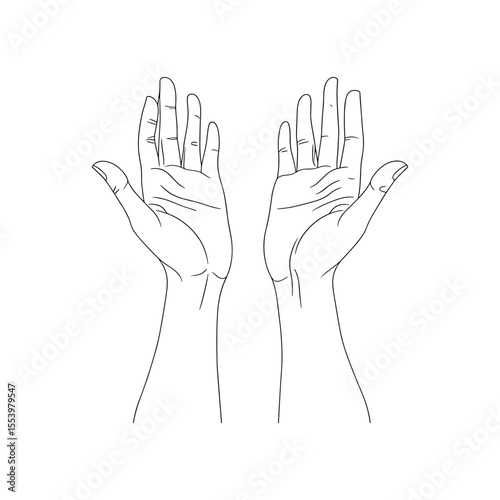 Praying hands line art, open palms gesture illustration
