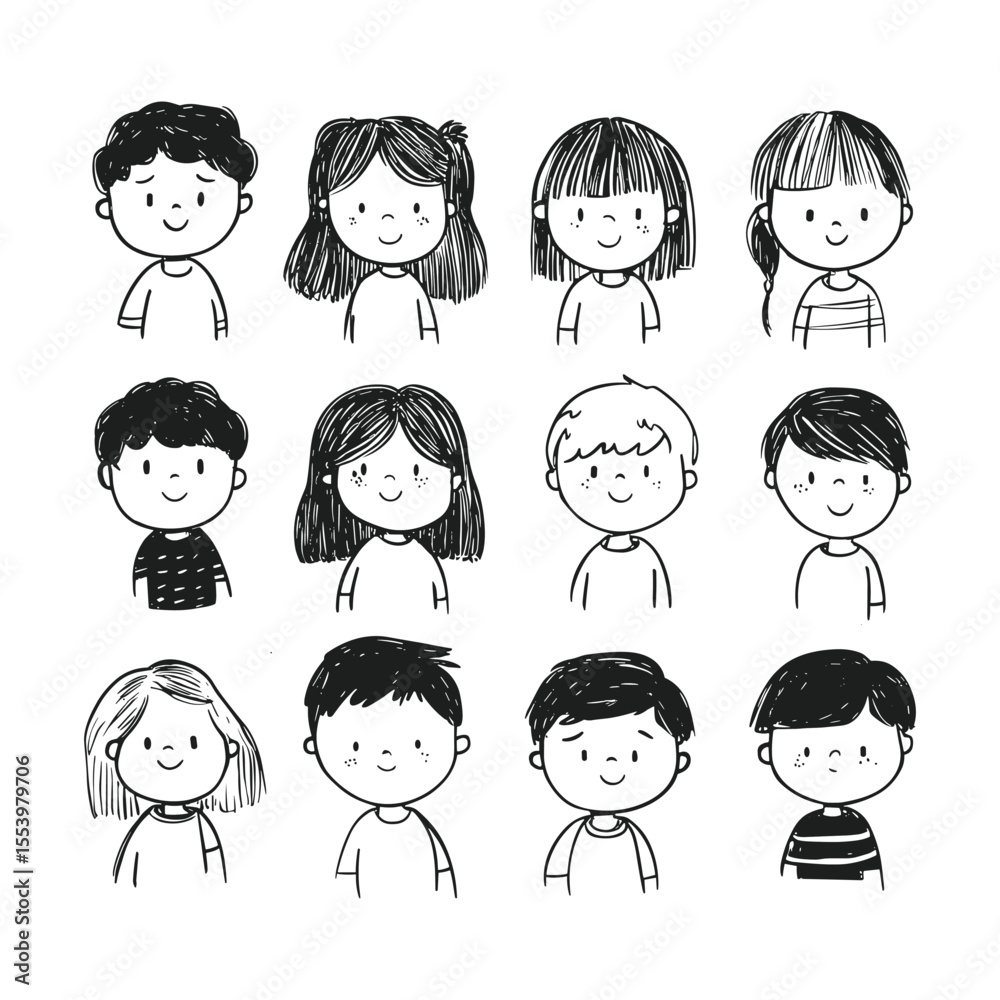 Hand drawn children portraits sketch set Hand drawn children portraits sketch set