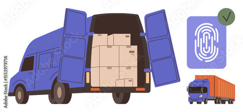 Delivery truck loaded with packages, digital fingerprint icon, and smaller truck imagery. Ideal for logistics, shipping, delivery, security, technology e-commerce global trade themes. Simple flat