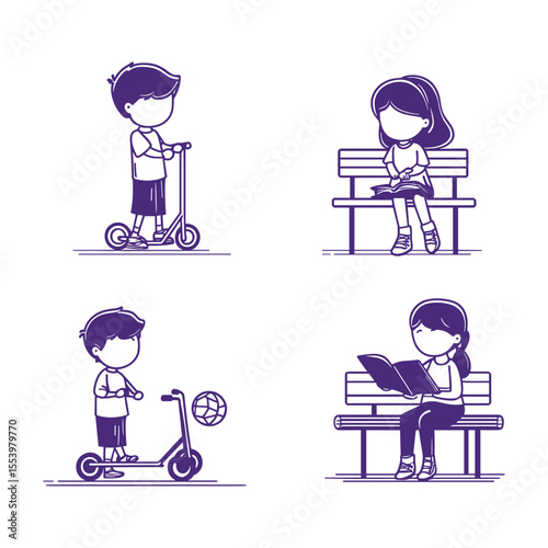 Kids activities icon set, reading and playing scooter