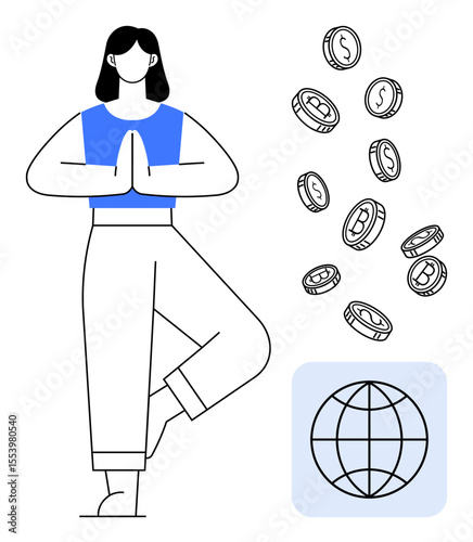 Woman in yoga pose symbolizes well-being. Floating coins represent wealth, global icon reflects universal connection. Ideal for mindfulness, finances, balance, wellness, globalization, growth simple