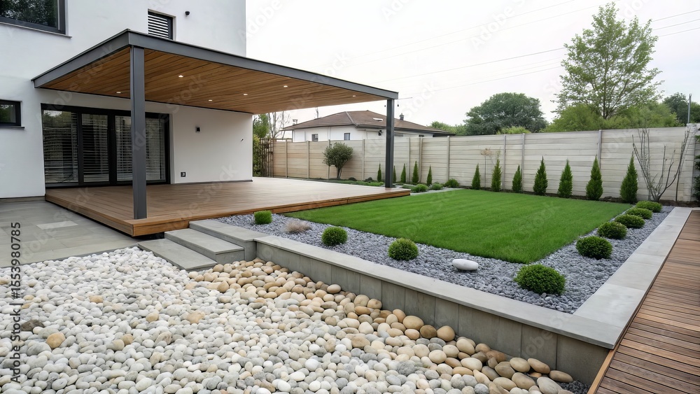 Obraz premium Modern Backyard with Raised Artificial Grass and Pebble Edging