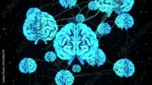 Interconnected Digital Brains Forming Neural Network. AI, Consciousness, Cognitive Processes, Machine Learning Concept.