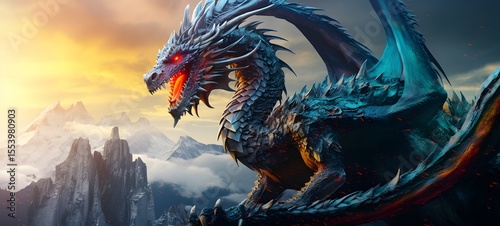 A haunted gothic dragon perched on a wind-swept hill, ai generatif