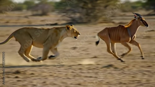 Lioness in hot pursuit of an antelope across the dry African savanna, showcasing a thrilling predator-prey dynamic in the wild.