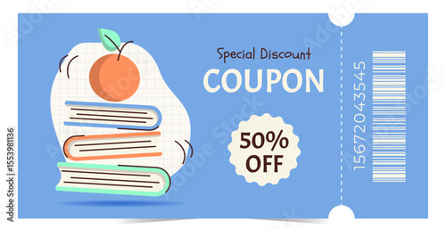 Modern gift voucher template with apple and books. Design for promotions, discounts, rewards and marketing materials. Flat vector illustration