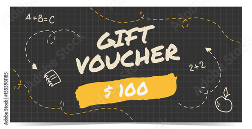 Gift voucher template with handwritten school elements in doodle style as frame around. Black chalkboard and checkered paper on background. Vector illustration. Back to school theme