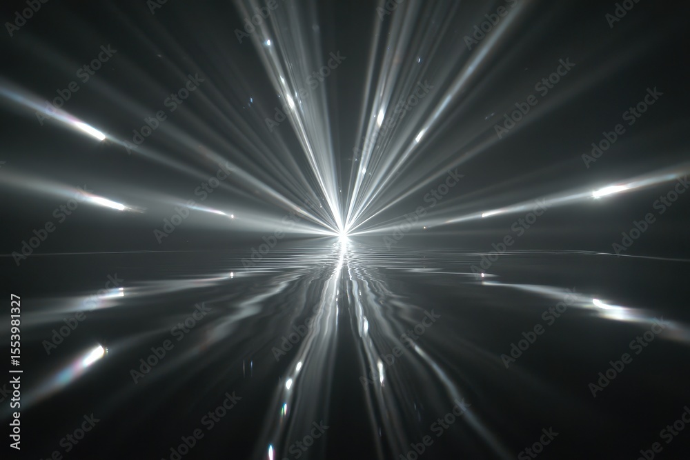 Naklejka premium Infinite Horizon with Single Radiant Explosion of Light and Reflection on Water Surface