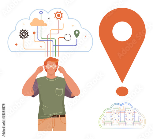 Man adjusting glasses with creative cloud of pathways, gears, and location pin above. Map blueprint below. Ideal for navigation, exploration, brainstorming, innovation, planning technology