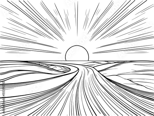 Desert Road with Sunrise – Black and White Line Art