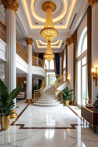 Grand Marble Staircase – Gilded Elegance in a Sunlit Luxury Hotel Interior uxury hotel, marble staircase, grand staircase, golden railings, palace interior, opulence, gilded decor, sunlit interior

