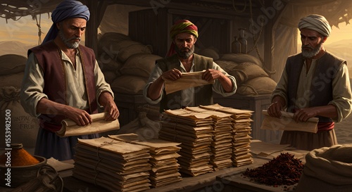 Ancient Merchants Carefully Examine and Sort Parchments in a Dusty, Sun-Drenched Warehouse