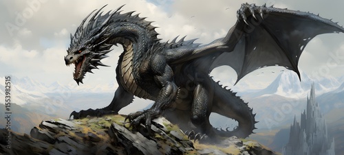 A haunted gothic dragon perched on a wind-swept hill, ai generatif