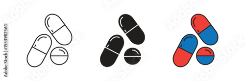 Capsule and pill illustrations for healthcare designs. Ideal for pharmacy apps and medical graphics, these clear medication symbols represent medicine and treatment solutions effectively.